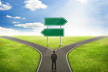 Businessman concept, Blank sign post road to the correct way.