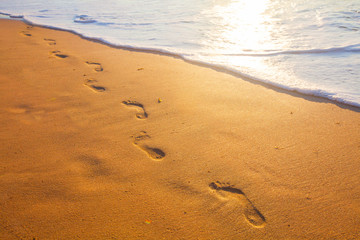 beach, wave and footprints at sunset time