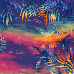 watercolor palm trees at sunset
