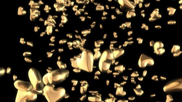Seamless looping 3D animation of falling golden hearts including alpha matte