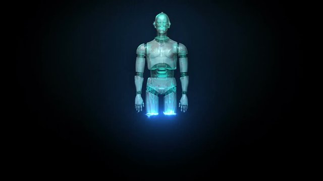 Rotating semitransparency 3D robot body, X-ray scan in digital interface. display