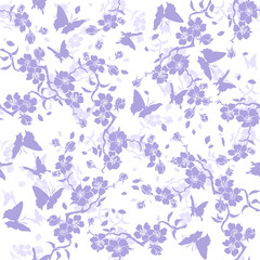Twig cherry blossoms and butterflies.. Seamless