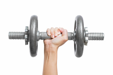 Plakat Close up hand men workout dumbbell on white background.