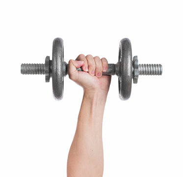 Close up hand men workout dumbbell on white background.
