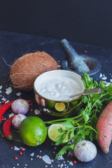 Ingredients to prepare Thai coconut creamy soup. Healthy and fre