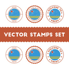 Aruban flag rubber stamps set. National flags grunge stamps. Country round badges collection.
