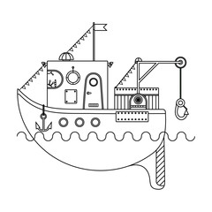 Small cargo ship with a crane, coloring book