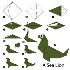 Step by step instructions how to make origami A Sea Lion. - obrazy, fototapety, plakaty