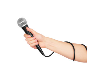 Female hand with microphone, on white background.