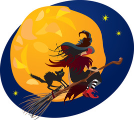 Halloween night: witch and black cat flying on broom on moon bac