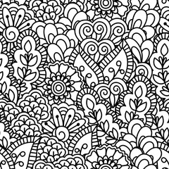 Fototapeta premium Seamless black and white background. Floral, ethnic, hand drawn elements for design. Good for coloring book for adults or design of wrapping and textile.