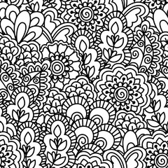 Seamless black and white background. Floral, ethnic, hand drawn elements for design. Good for coloring book for adults or design of wrapping and textile.
