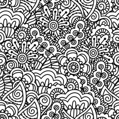 Seamless black and white background. Floral, ethnic, hand drawn elements for design. Good for coloring book for adults or design of wrapping and textile.