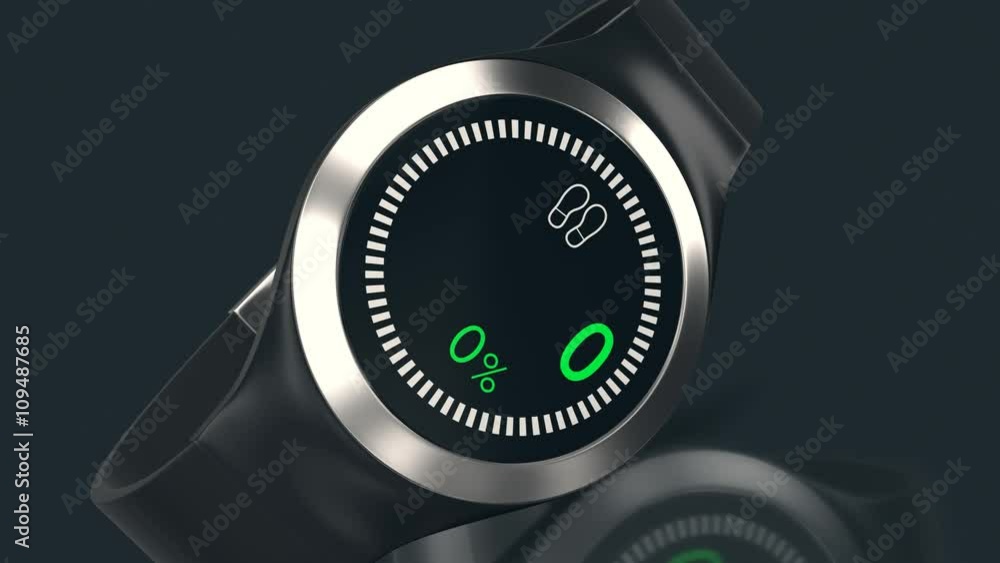 Poster camera zoom on a smartwatch with a pedometer app from 0 to 10000 steps, concept of health. with alph