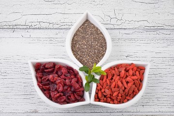 Berries. Berries - superfoods: goji berries,cranberries and chia seeds.