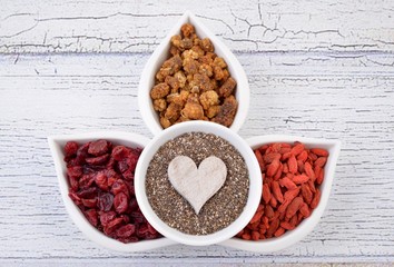 Berries. Berries - superfoods: goji berries, cranberries, mulberries  and chia seeds. 
