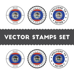 Belizean flag rubber stamps set. National flags grunge stamps. Country round badges collection.