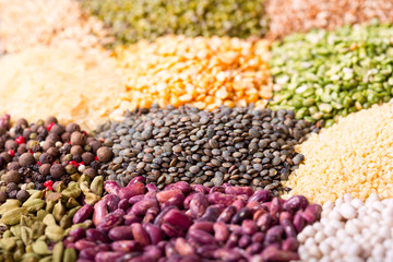various cereals, seeds, beans and grains