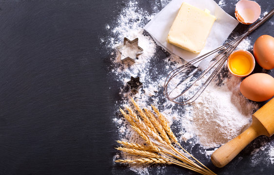 ingredients for cooking: flour, butter, eggs
