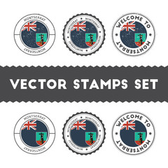 Montserratian flag rubber stamps set. National flags grunge stamps. Country round badges collection.
