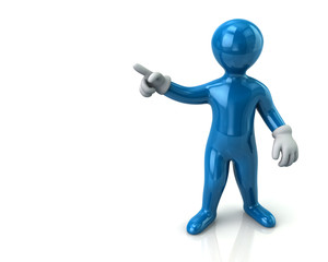 Blue cartoon man  pointing with his index finger