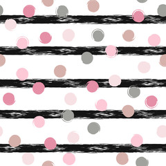 Cute vector geometric seamless pattern . Polka dots and stripes. Brush strokes. Hand drawn grunge texture. Abstract forms. Endless texture can be used for printing onto fabric or paper