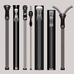 Vector zippers, fastener vector set. Fashion fastener, zippers for cloth, zipper metal, connection zippers illustration © MicroOne