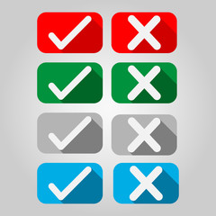 Set of simple web buttons vector of flat design represents confirmation, right and wrong choices, task completion, voting. 
