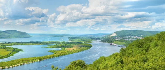 Deurstickers Amazing panoramic view from the height on the touristic part of the Volga river near Samara city at summer sunny day.Beautiful natural landscape.Picturesque central part of Russia.Europe. © luxerendering
