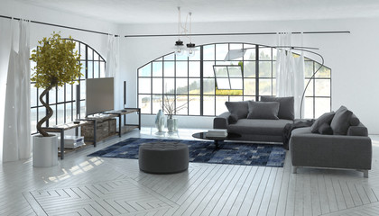 Comfortable spacious grey and white living room