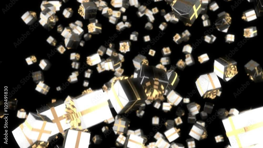 Poster seamless looping 3d animation of falling silver present boxes including alpha matte