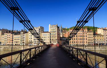 Passerelle Saint-Vincent over the Saone river and Vieux Lyon in Lyon city.