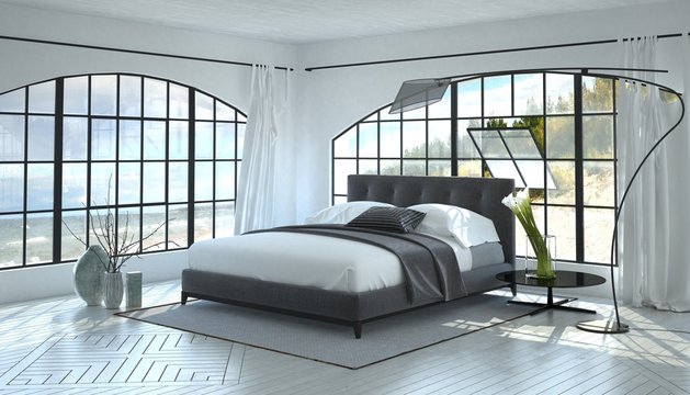 Modern bright and airy bedroom interior