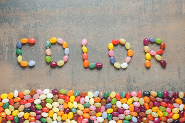 Word color written with jelly beans