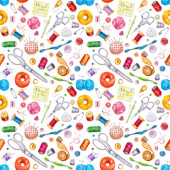 Seamless watercolor pattern of various sewing tools. Sewing kit