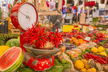 Fototapeta na wymiar Fresh fruit and vegetables on market 