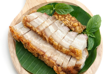 crispy roasted pork on white background