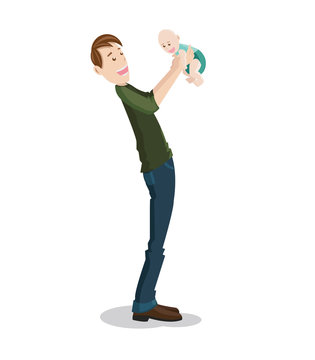 Happy father with baby cartoon character flat design 