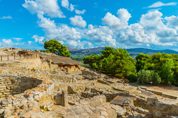 Panoramic view on the  ruins of stone road at the the ancient Minoan Palace of Phaistos( Festos ). Located on the plateau of Messara.The district of Heraklion.Crete island. Greece.Europe.