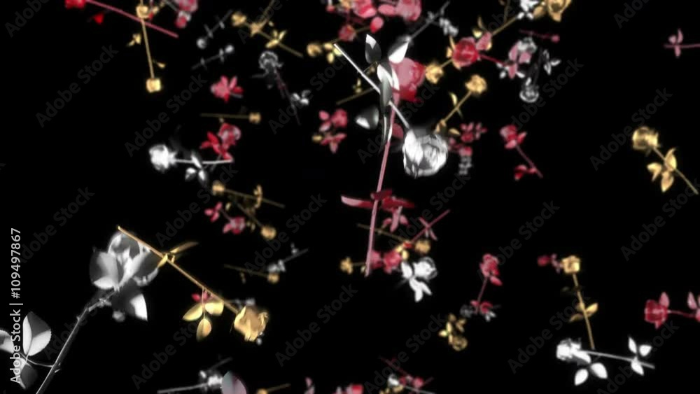 Poster seamless looping 3d animation of falling roses including alpha matte