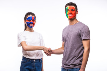 Obraz na płótnie Canvas Iceland vs Portugal handshake of equal game on white background. European football fans concept.