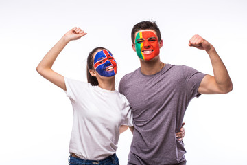 Naklejka premium Iceland vs Portugal on white background. Football fans of national teams celebrate, dance and scream. European football fans concept.