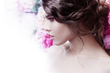 Profile of  beautiful fashion girl, sweet, sensual. Beautiful makeup and messy romantic hairstyle....
