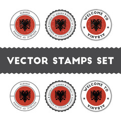 Albanian flag rubber stamps set. National flags grunge stamps. Country round badges collection.