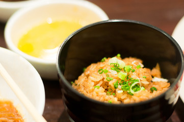 close up of a bowl of garlic fried rice