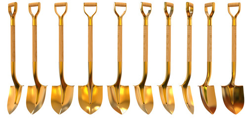 Golden shovel set foreshortening 3d illustration - obrazy, fototapety, plakaty