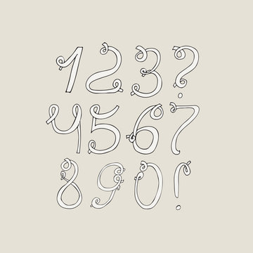 Hand-drawn funky digits, isolated on light background. Hand drawn grunge sequence vector illustration. Numbers based on swirls, loops and calligraphy style. Unique design for your print or lettering