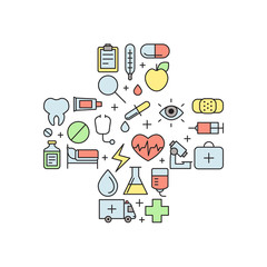 Medical and science vector multicolored cross illustration. Modern outline minimalistic design.