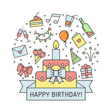 Happy birthday multicolored greeting card with big cake. Modern outline minimalistic design.