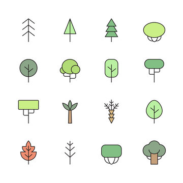 Trees outline multicolored vector icons set. Modern minimalistic design.